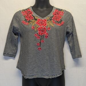 Cathy Daniels Half-Sleeve Striped Shirt with Embroidered Floral Design VTG